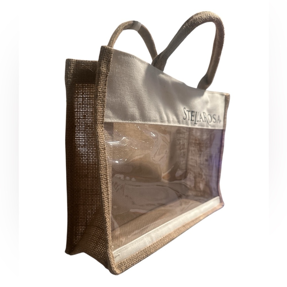 Stella Rosa Tan and Cream Burlap Tote Bag with Transparent Panel used for Wine - Picture 2 of 5